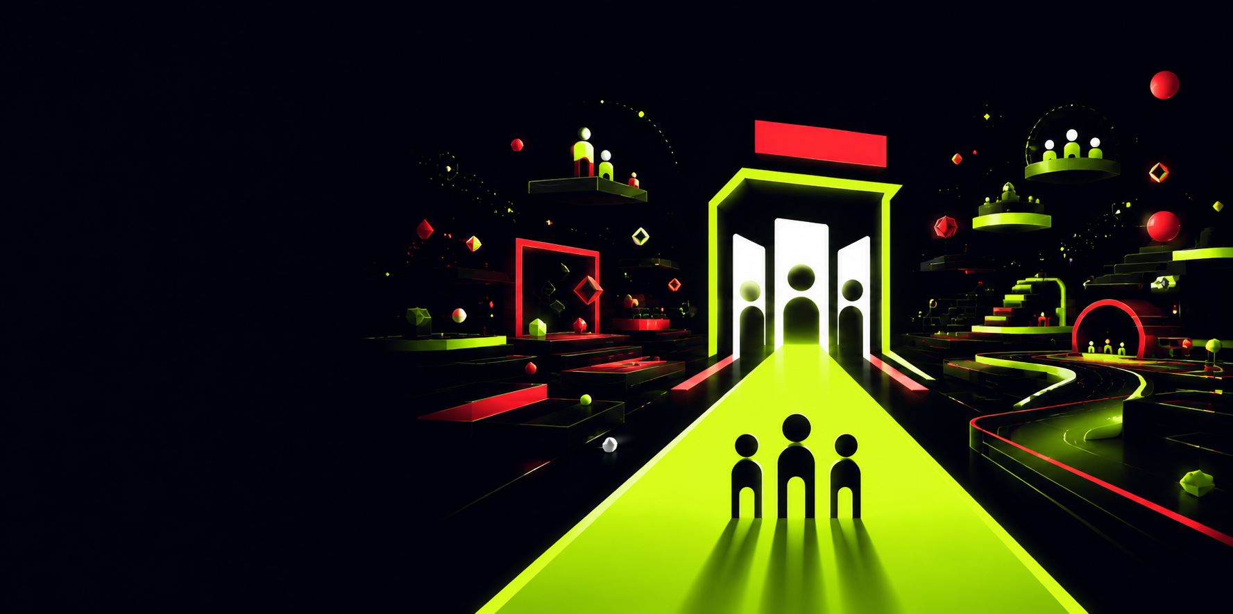 Lobbycade arcade world with players entering a glowing game lobby